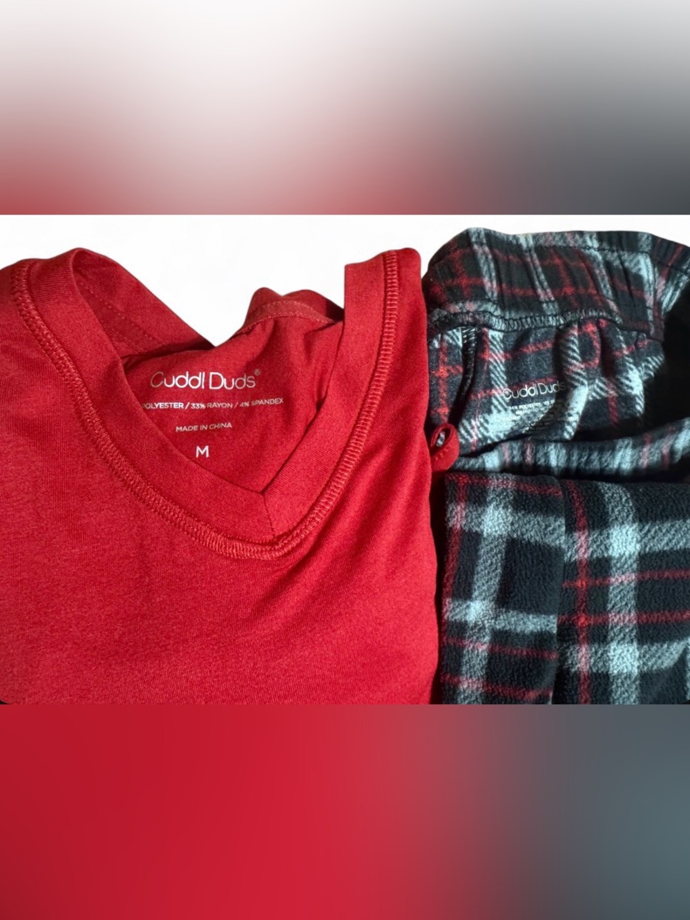 Cuddl Duds Men’s Red Top with Black & Red Plaid Pants Pajama Set